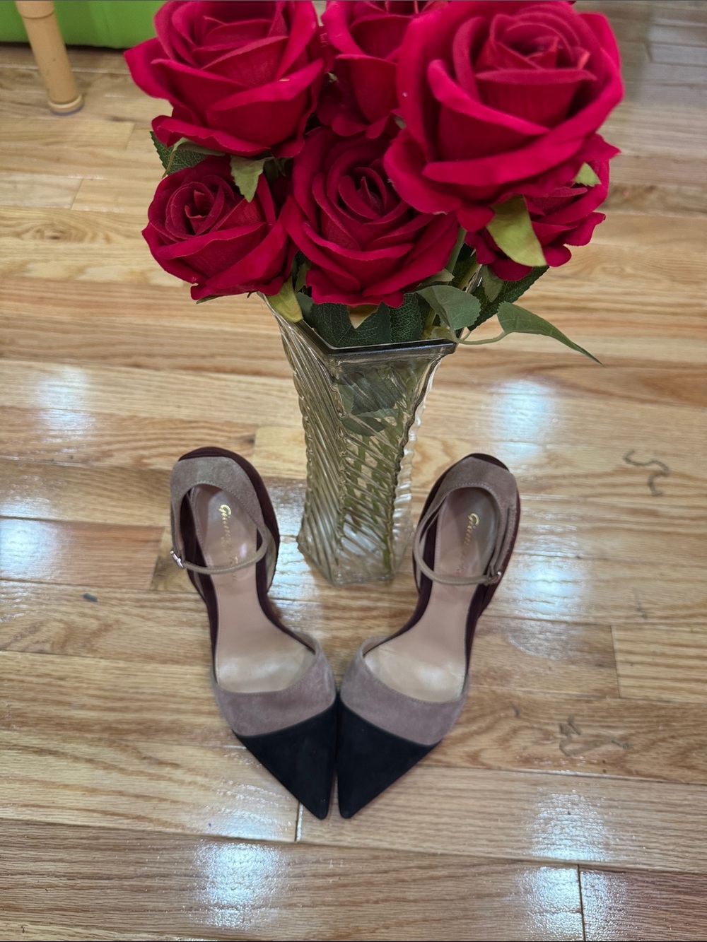 Gianvito Rossi Two-Tone Suede Pointed Toe Ankle Strap Pumps - Black & Taupe